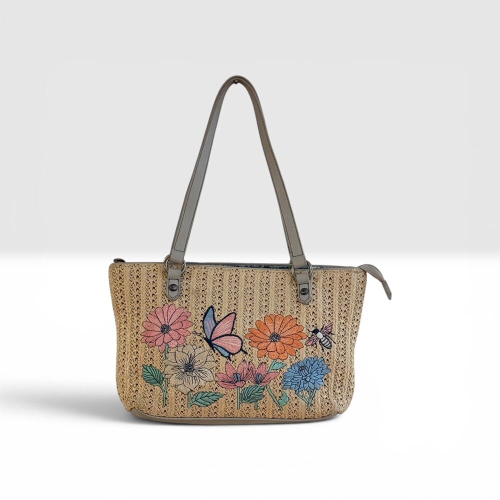 Sakroots Floral Butterfly Straw Tote Bag Woven Summer Handbag Boho Cottagecore
